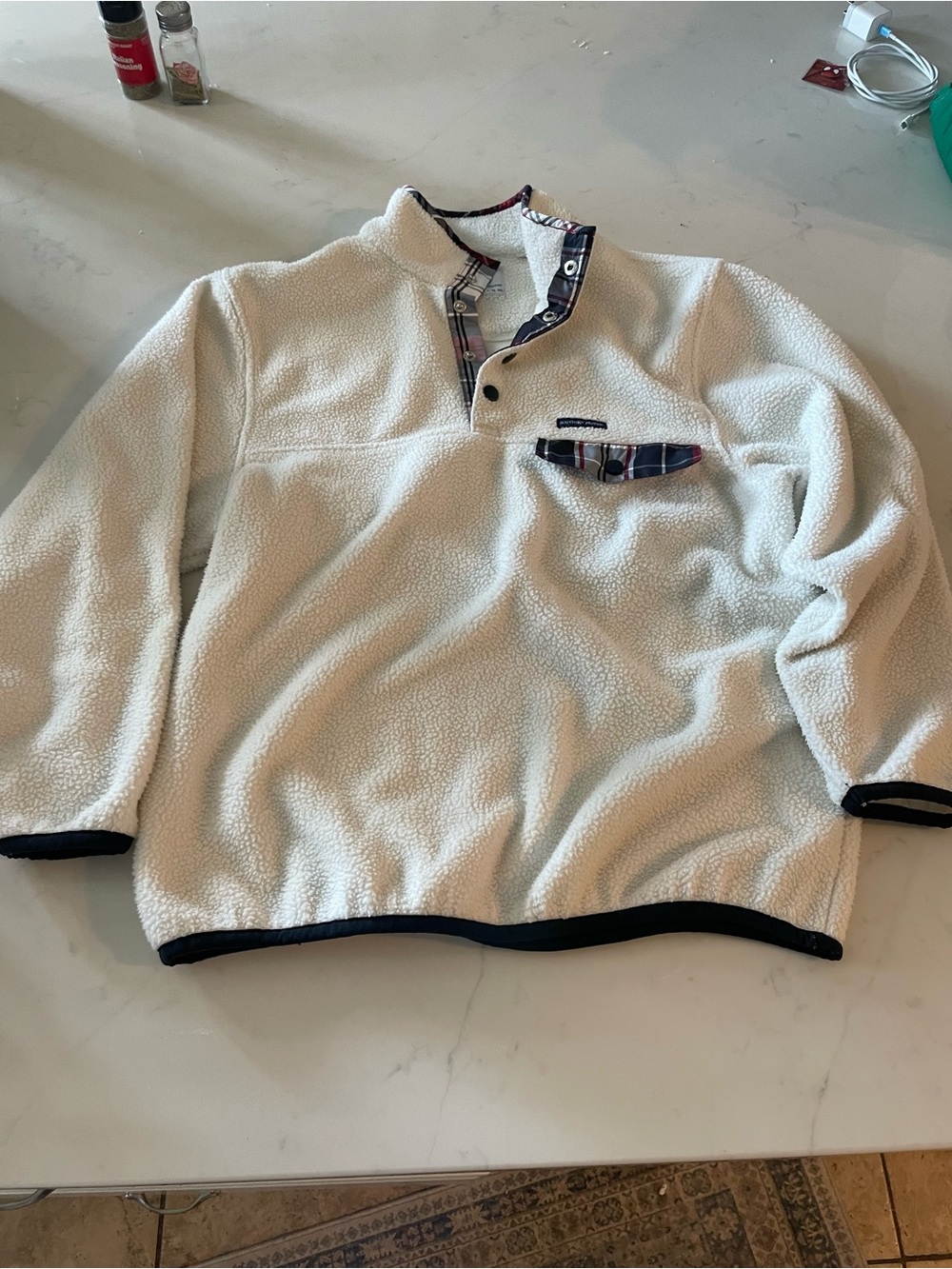 Southern Proper Men's Cream Sherpa Fleece Pullover with Plaid Trim